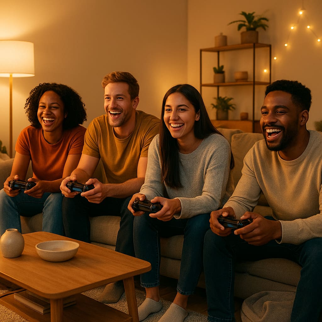 Freundesgruppe bei einer Konsolen-Session in gemütlicher Lounge