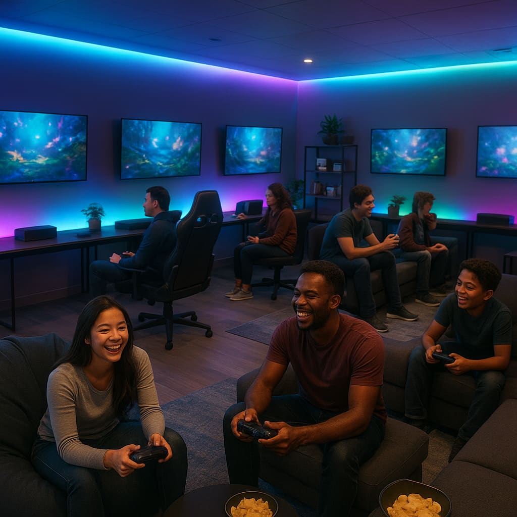 Moderne Gaming-Lounge mit mehreren Konsolenstationen
